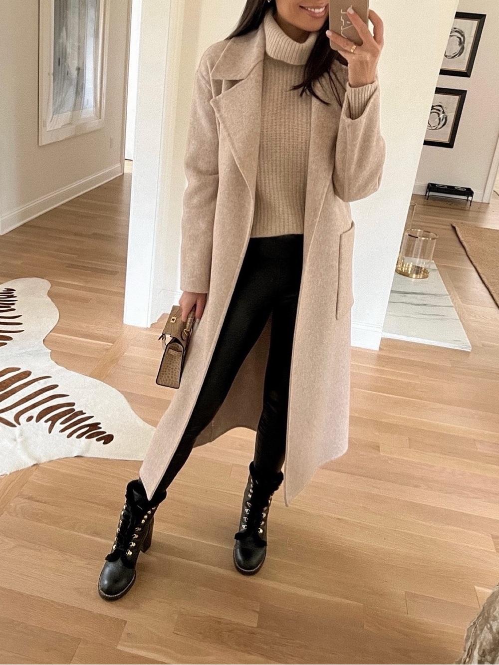 Long Wool-Blend Coat in Beige